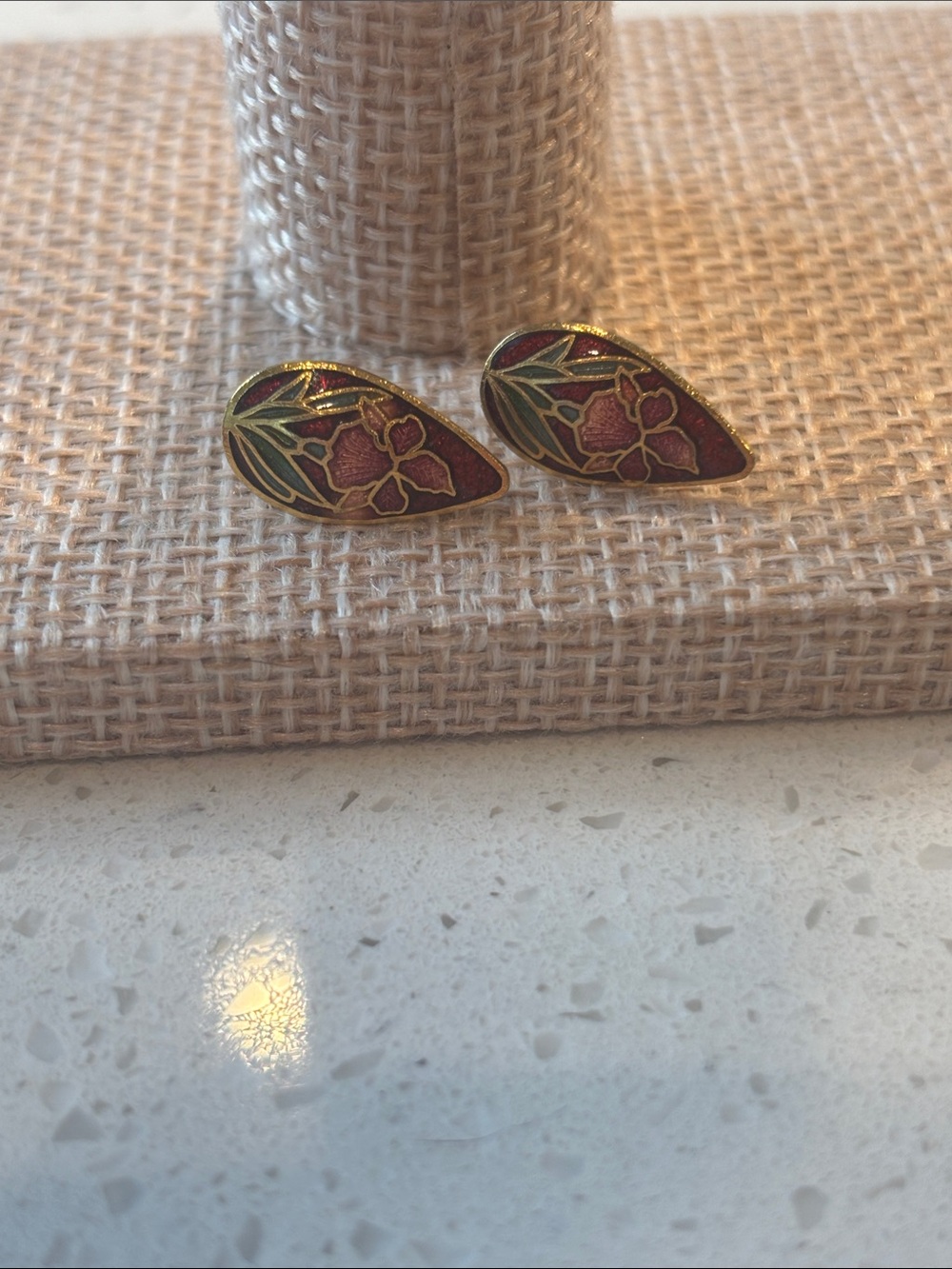 Vintage Cloisonne Enamel Teardrop Earrings Gold Tone Maroon Pink Floral 1980s